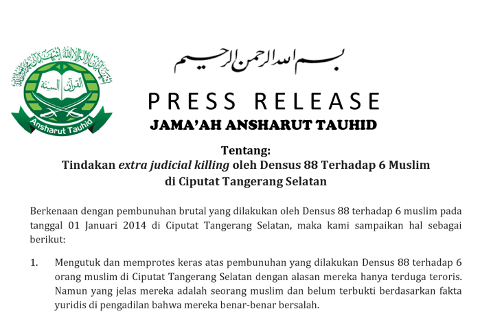 Press Release JAT: Tindakan Extra Judicial Killing oleh Densus 88