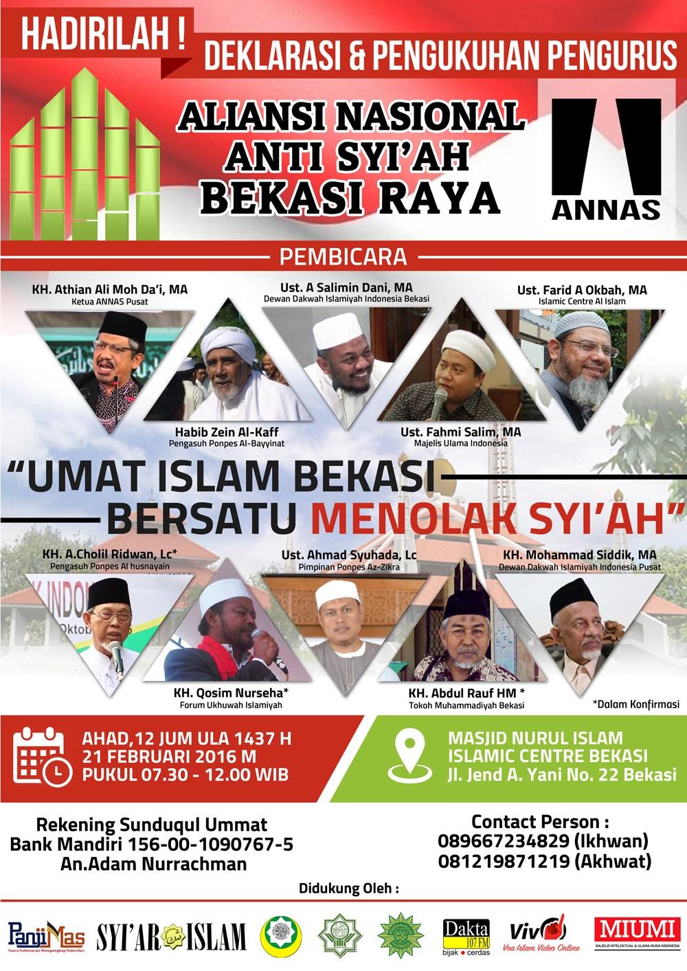 Undangan untuk Umat Islam Bekasi: Deklarasi Aliansi Nasional Anti-Syiah Bekasi Raya