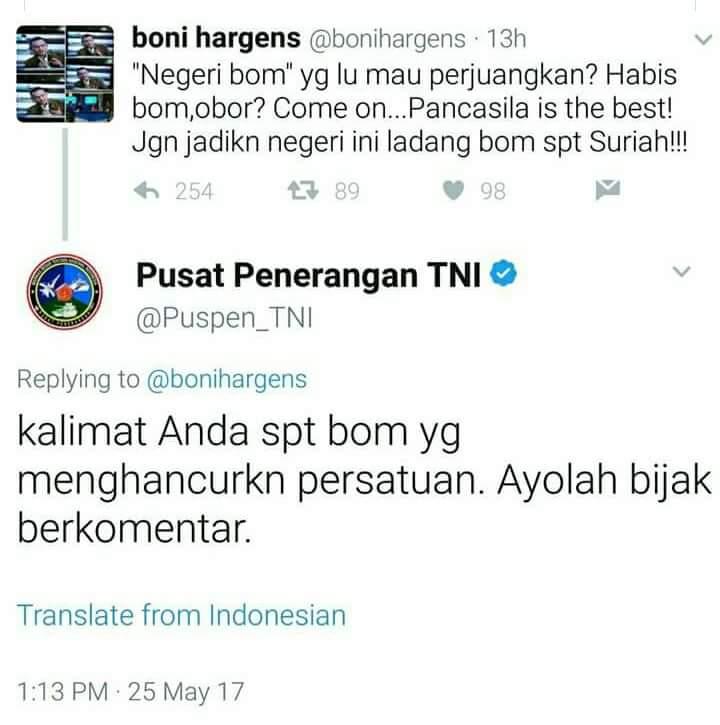 Sebut Negeri Bom, Boni Hargens Disentil Puspen TNI